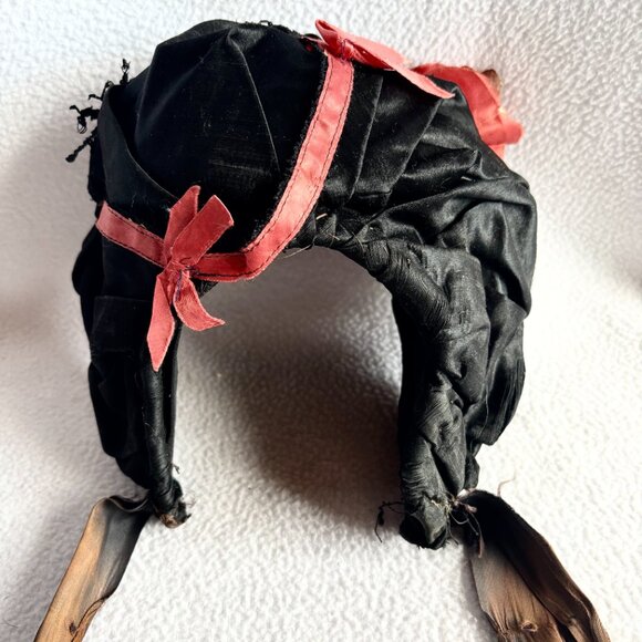 Antique Victorian Black Silk & Velvet Bonnet with Flower
